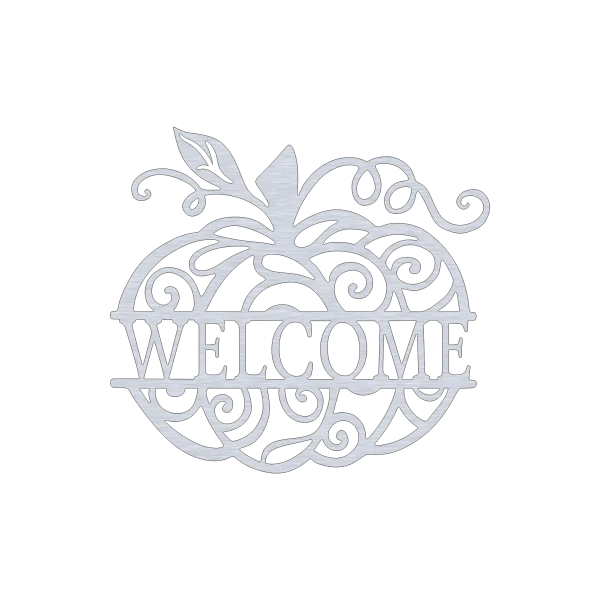 An intricately designed aluminum wall art piece shaped like a pumpkin, featuring swirling cut-out patterns and the word 'WELCOME' across the center. The piece showcases elegant vine details and a leaf at the top, combining both modern and rustic design elements. The metal's brushed texture adds depth, displayed against a black background.